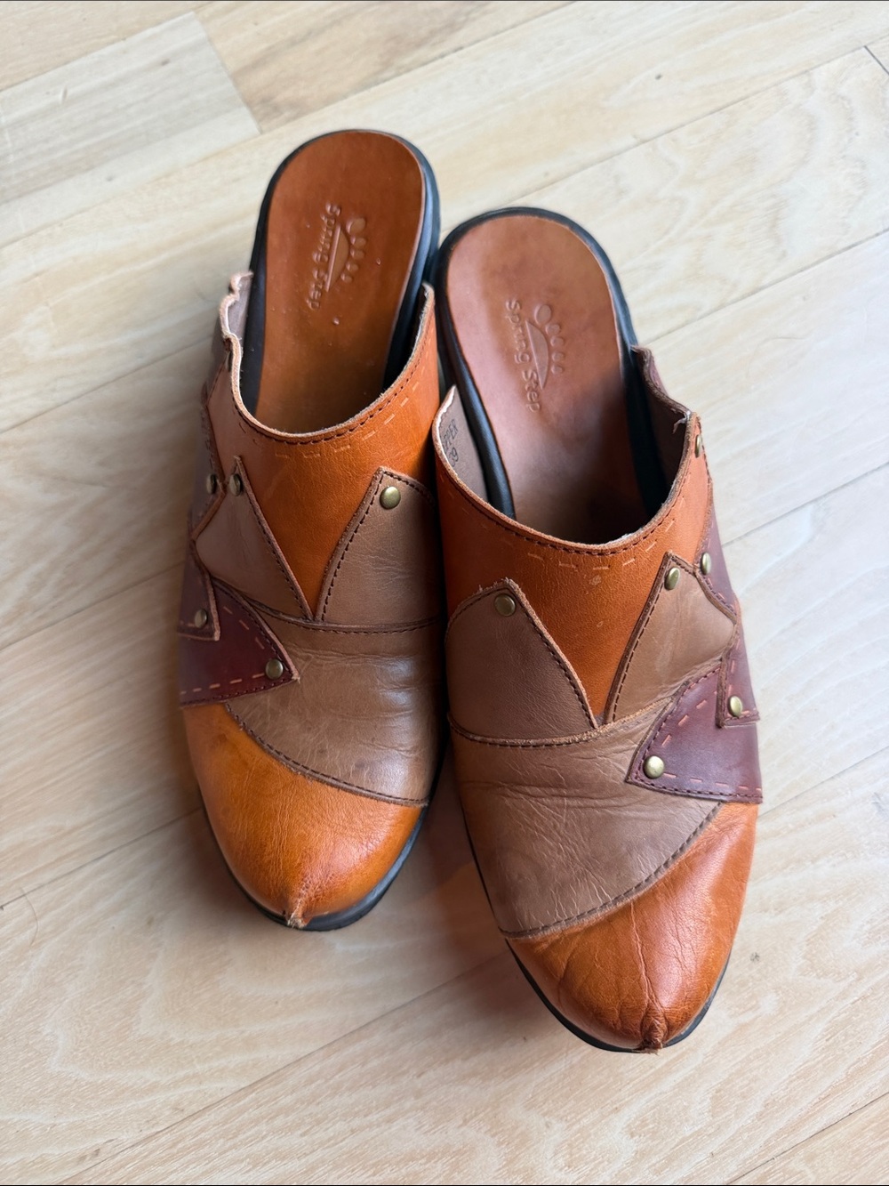 Spring Step Patchwork Leather Slip-On Mules in Mixed Brown Tones 39 Sz 8.5